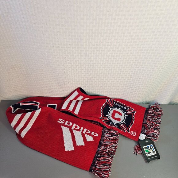 Adidas MLS Chicago Fire Soccer Scarf Red & Navy Fringed Knit - Picture 2 of 5